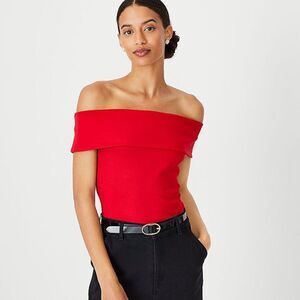 NWT Ann Taylor Red Off The Shoulder Top Knit Sweater Boat Neck Short Sleeve XS P